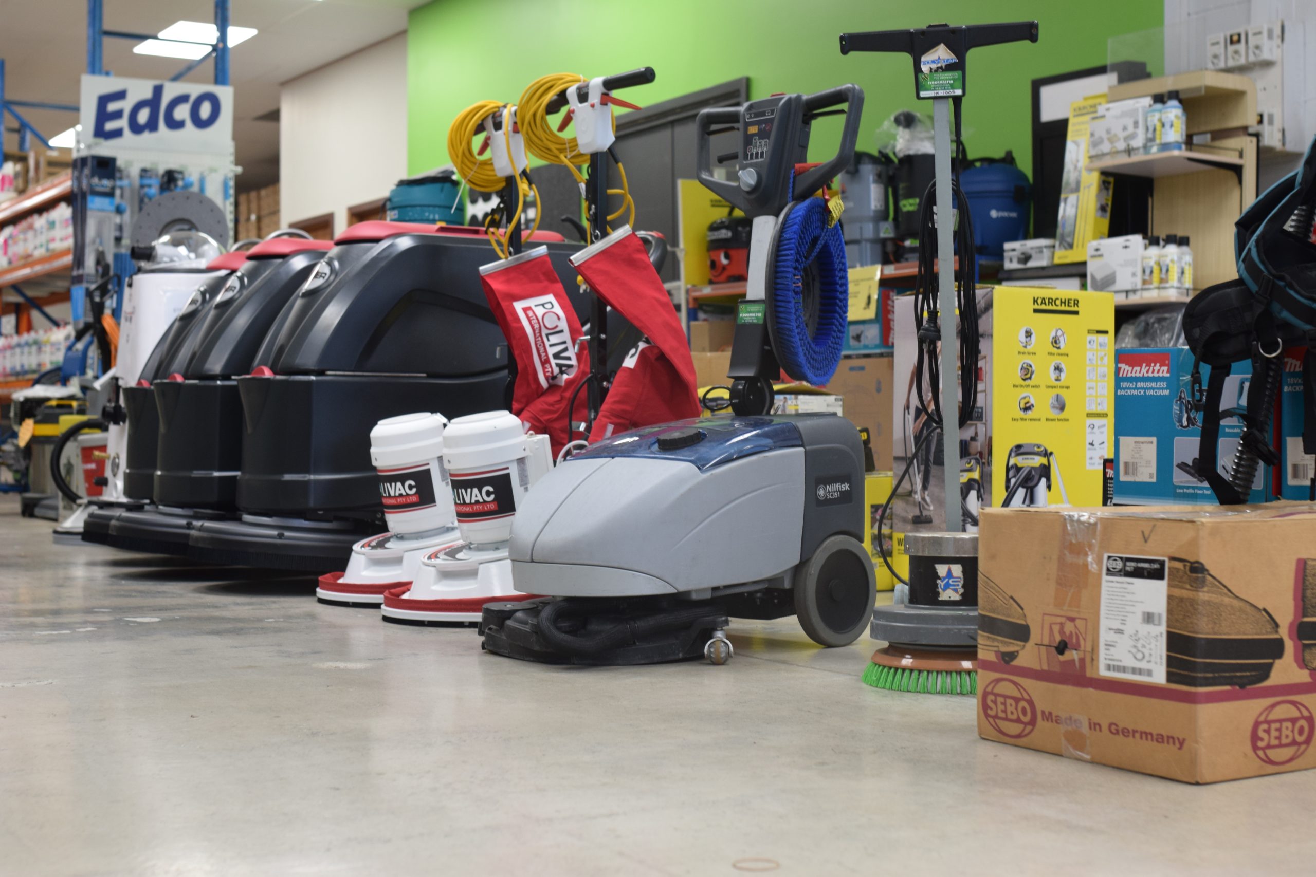 Floormaster commercial cleaning machine hire display in Adelaide store - floor scrubbers, polishers, vacuums and sweepers available to hire